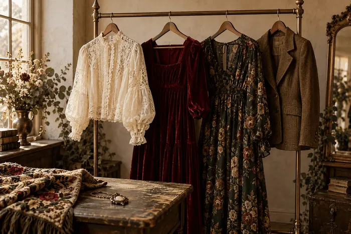 Ivory lace blouse, burgundy velvet dress, dark floral dress and brown jacket on a brass clothing rack